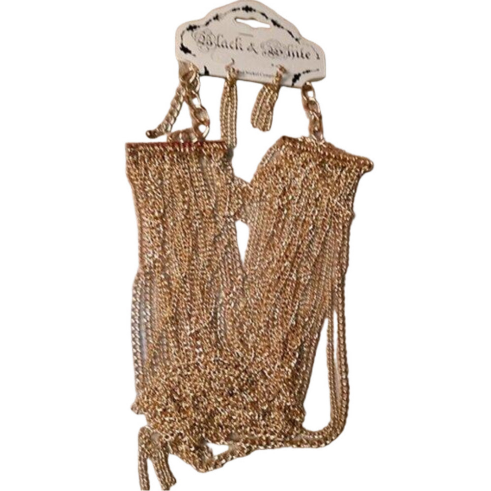 Club party gold tone draped layered chain jewelry set necklace and earrings.